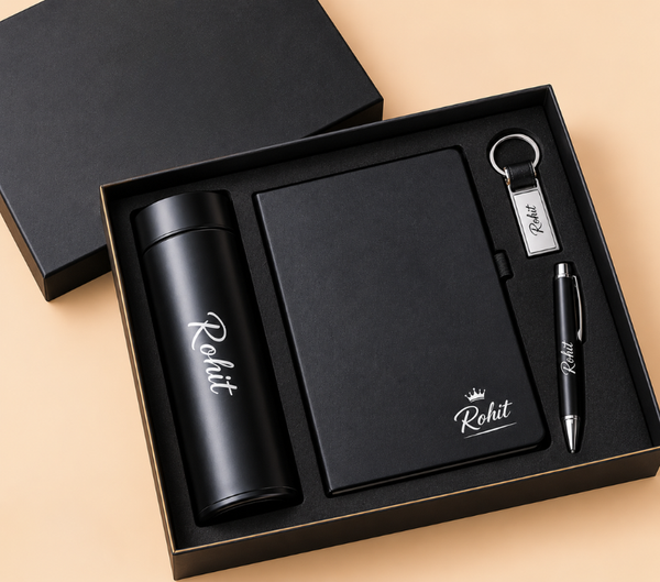 Personalized Gift Set – Bottle, Pen, Keychain & Diary, Blue