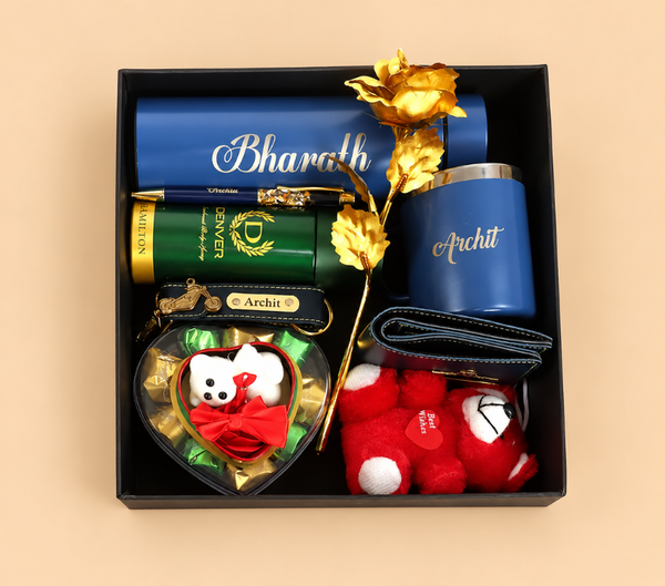 Personalized Luxury Gift Hamper with Teddy Bear, Wallet, Tumbler & Chocolates
