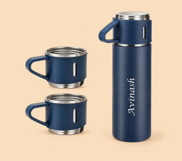 Personalized Bottle & Mug Gift Set – Name-Printed Bottle with 2 Mugs, Assorted Colours