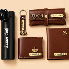Personalized Black Gift Hamper Set – Wallet, LED Bottle, Sunglass Holder, Keychain & Passport Cover
