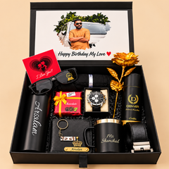 Luxury Personalized Black Birthday Gift Hamper for Men – Watch, Sunglasses, Wallet, Belt, Mug & Perfume Gift Set