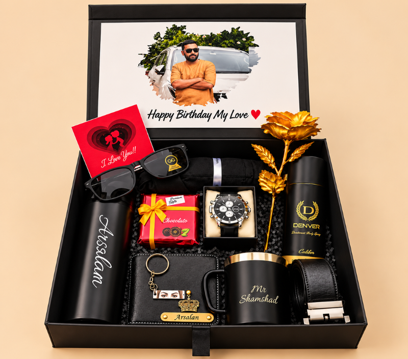 Luxury Personalized Black Birthday Gift Hamper for Men – Watch, Sunglasses, Wallet, Belt, Mug & Perfume Gift Set