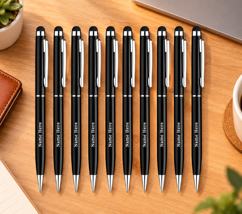 Personalized Premium Black Ballpoint Pen with Stylus – Elegant Gift Pen
