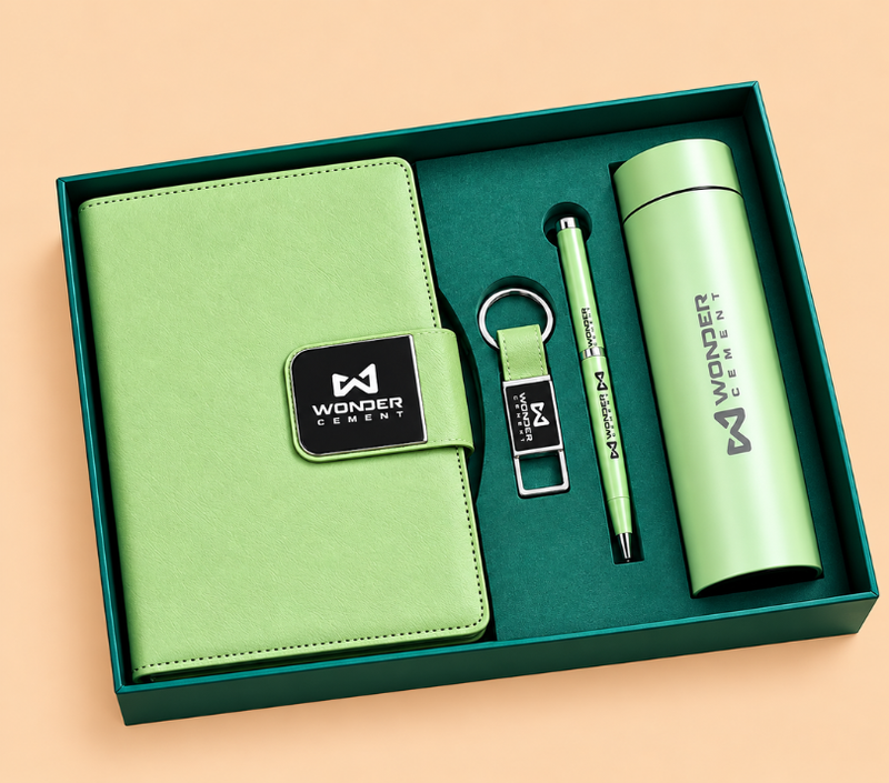 Premium Corporate Gift Set – PU Notebook, Stainless Steel Flask, Pen & Keychain | Models 3099–3102