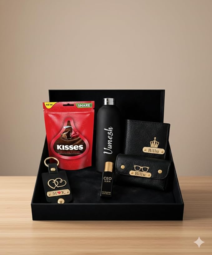 Personalized Men’s Gift Box Set with Wallet, Sunglasses Cover, Keychain, Bottle, Perfume & Chocolate