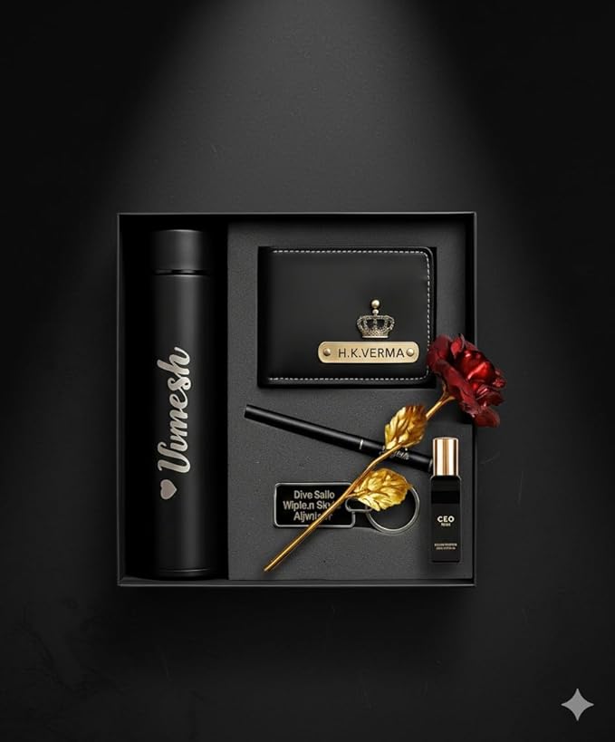 Personalized Luxury Men’s Gift Set – Customized Wallet, Name Bottle, Pen, Keychain & Perfume