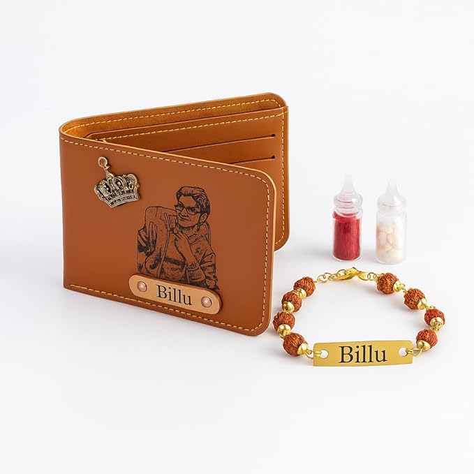 Your Name Customized Leather Men's Wallet with Name Rakhi, Personalized Gifts