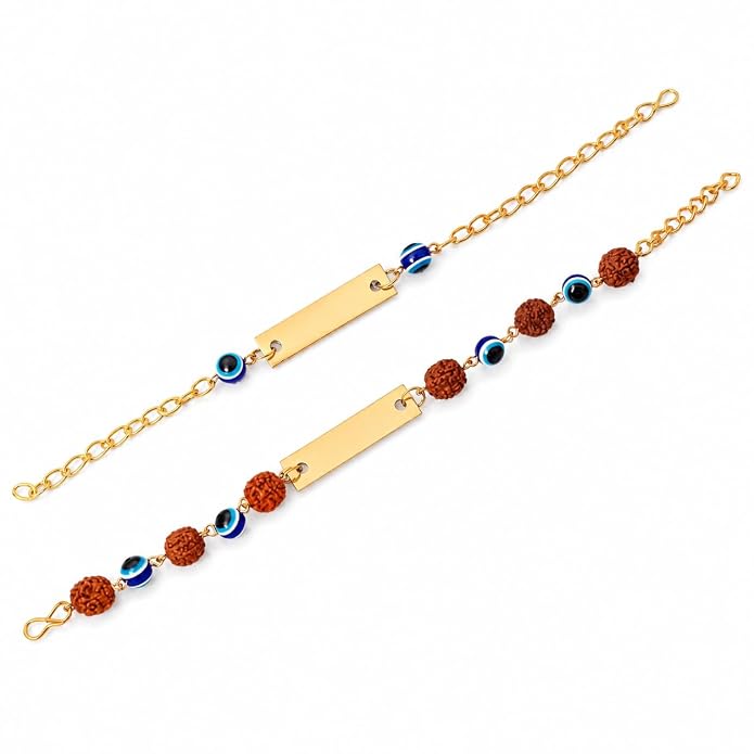 Custom Engraved Brass Rakhi Bracelet with Evil Eye & Rudraksha Beads | Personalized Name Rakhi for Men & Women | Adjustable Raksha Bandhan Gift