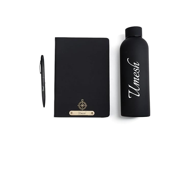 Personalized Black Gift Set with Name | Custom Diary with Metal Name Plate, Matte Black Water Bottle & Pen