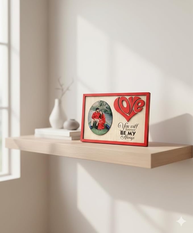 Personalized Wooden Love Photo Frame with Heart Design & Romantic Quote