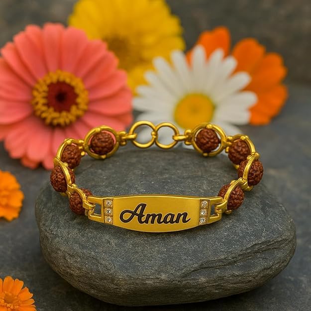 Personalized Rudraksha Name Rakhi Bracelet | Custom Name Engraved Gold-Tone Bracelet with Rudraksha Beads