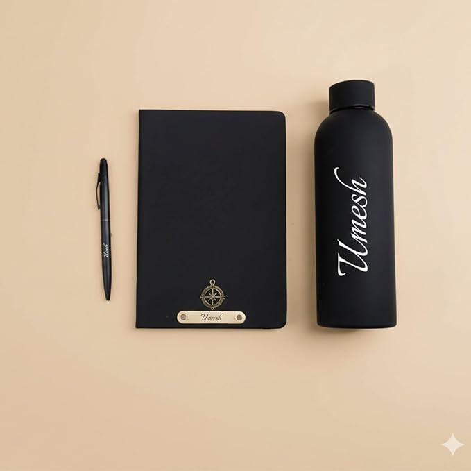 Personalized Black Gift Set with Name | Custom Diary with Metal Name Plate, Matte Black Water Bottle & Pen