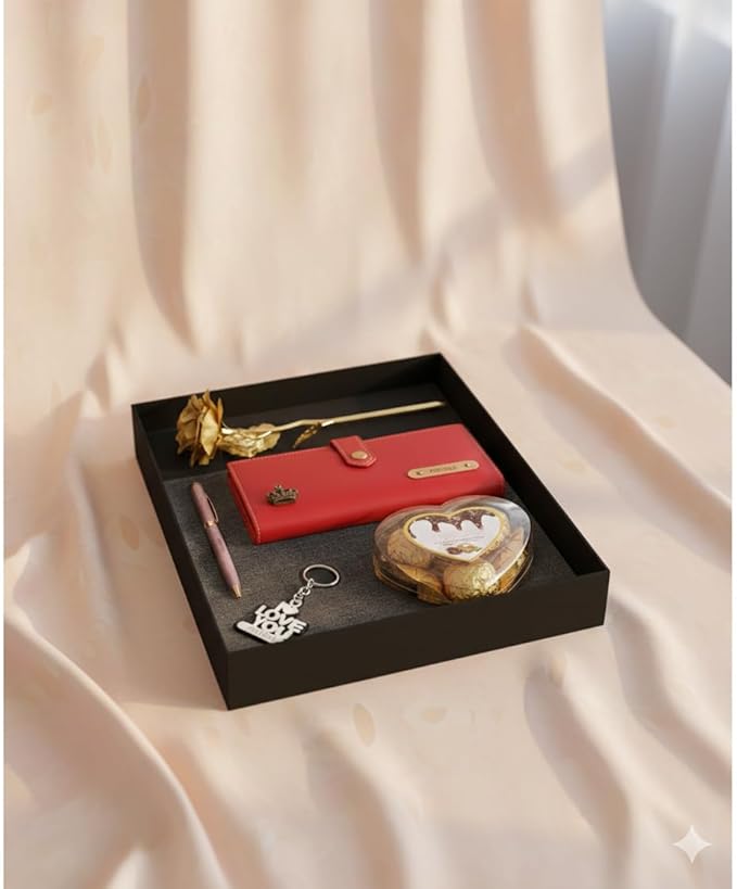 Personalized Gift for Women with Name Wallet, Golden Rose, Pen, Keychain