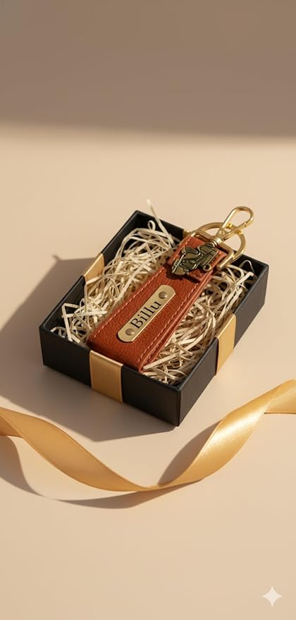 Customised Engraved Keychain with Name | Gift Hamper Set for Men Leather Keychain