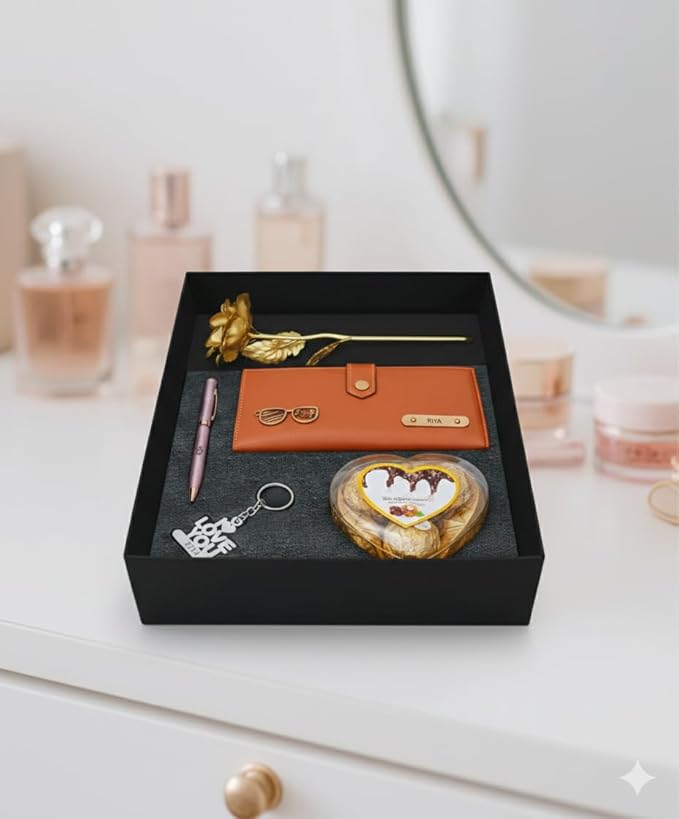Personalized Gift for Women with Name Wallet, Golden Rose, Pen, Keychain