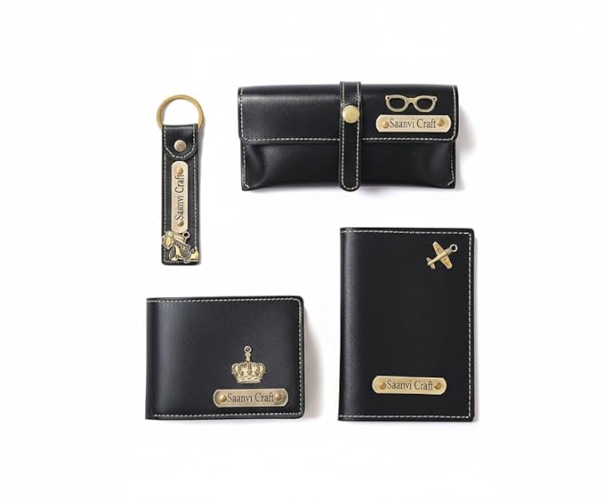 Your Name Customized Leather Unisex Passport Holder, Sunglasses Cover and Men's Wallet with Key Chain, Gifts, Personalized Gifts (Black)