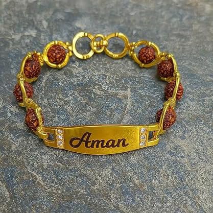 Personalized Rudraksha Name Rakhi Bracelet | Custom Name Engraved Gold-Tone Bracelet with Rudraksha Beads