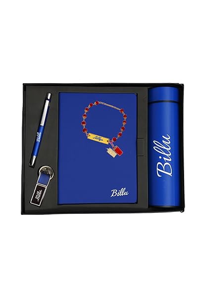 Your Name Customized Personalized 5 in 1 Engraved Steel Bottle with Rakhi, Notebook, Pen and Metal Keychain for Office - School, Gifts