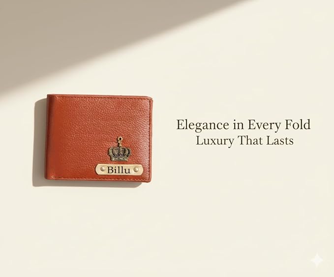 Customised Engraved Wallet with Name | Gift Hamper Set for Men Leather Purse (Tan)