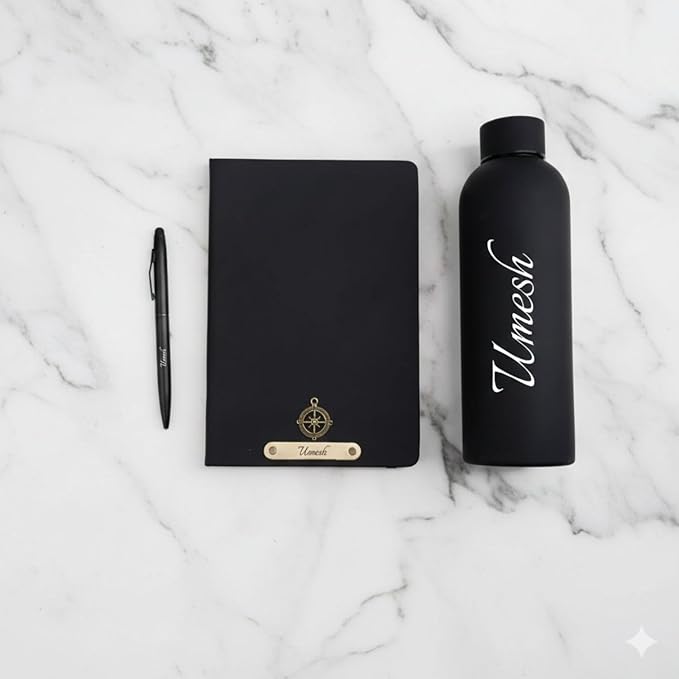 Personalized Black Gift Set with Name | Custom Diary with Metal Name Plate, Matte Black Water Bottle & Pen