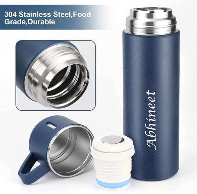 Your Name Customized Double Wall Stainless Steel Thermo 500ml Vacuum Insulated Bottle Water Gift Set with Two Cups - Corporate Gift Items, (Blue)