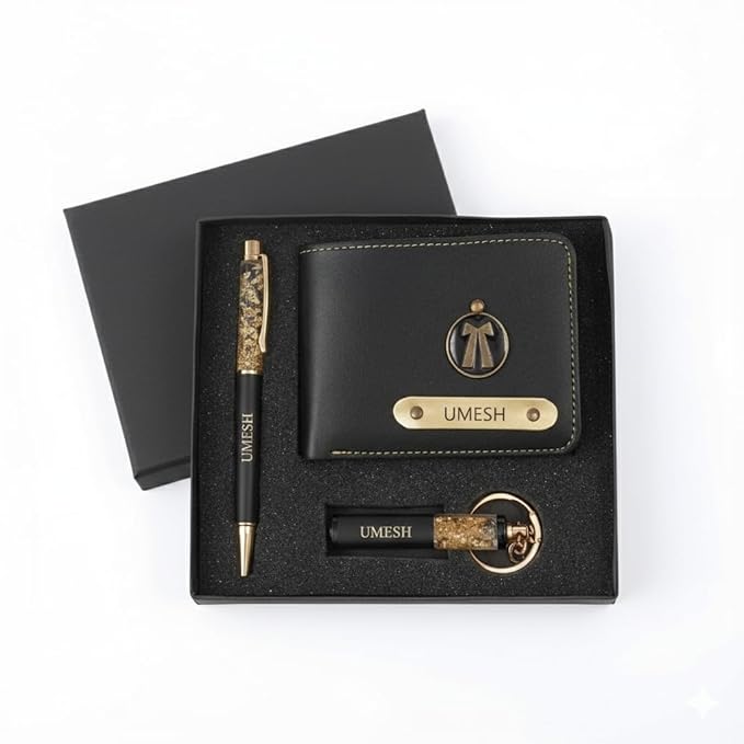 Personalized Wallet Gift Set for Men – Custom Name Leather Wallet, Pen & Keychain Combo |