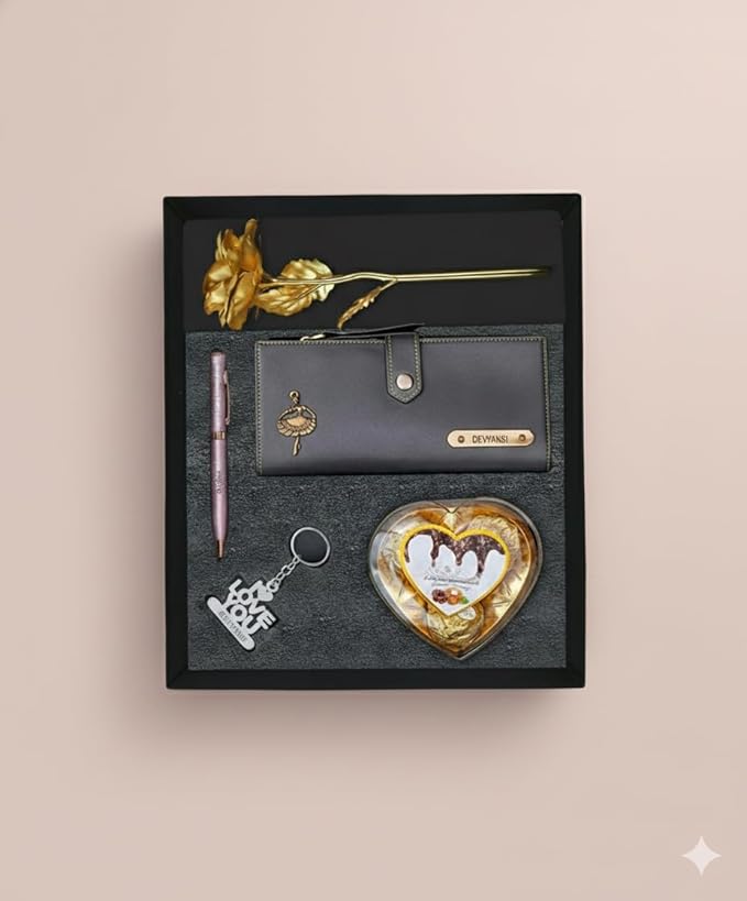 Personalized Gift for Women with Name Wallet, Golden Rose, Pen, Keychain