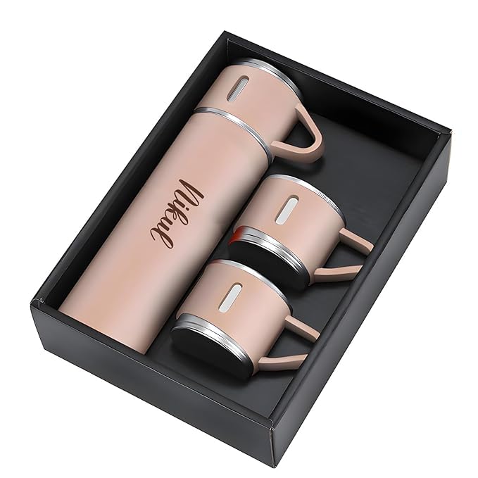 Your Name Customized Double Wall Stainless Steel Thermo 500ml Vacuum Insulated Bottle Water Gift Set with Two Cups - Corporate Gift Items, Personalized Gifts (Pink)