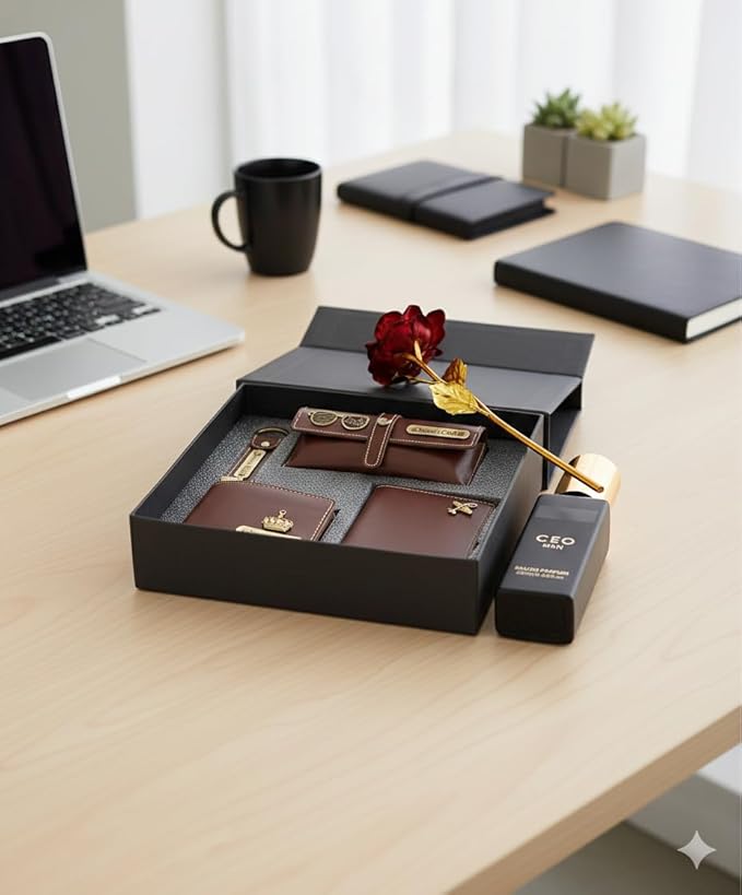 Customized Men’s Wallet & Accessories Gift Set with Perfume & Golden Rose