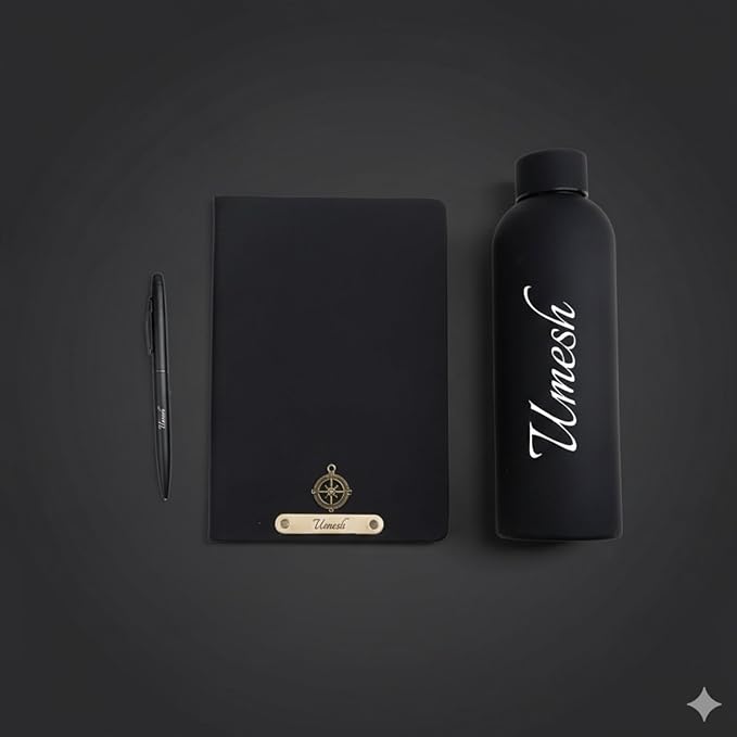 Personalized Black Gift Set with Name | Custom Diary with Metal Name Plate, Matte Black Water Bottle & Pen