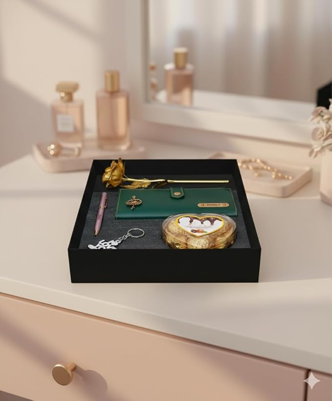 Personalized Gift for Women with Name Wallet, Golden Rose, Pen, Keychain