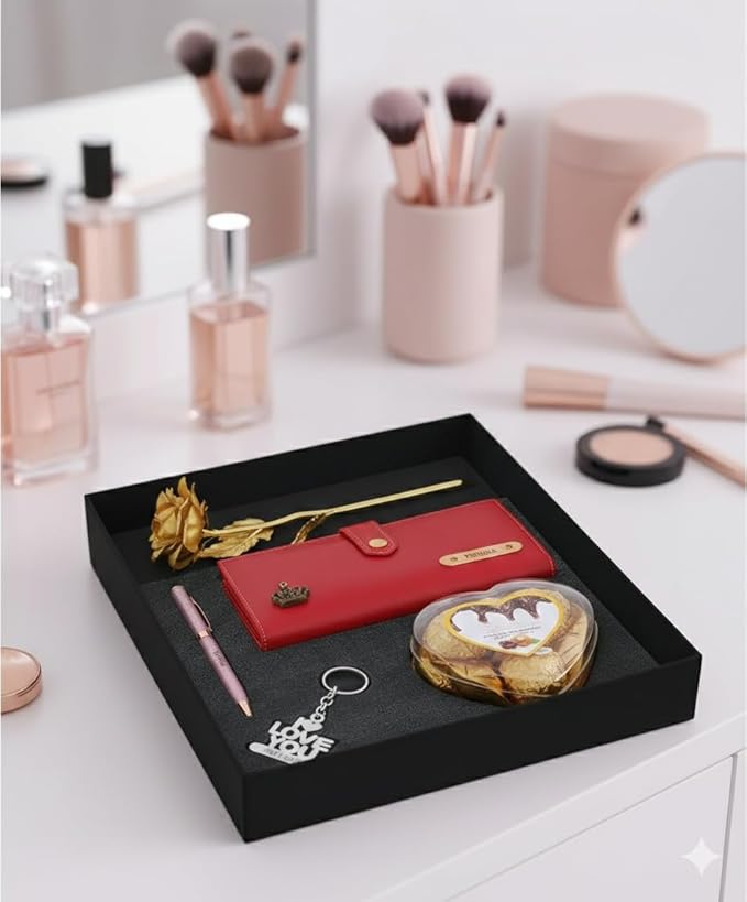 Personalized Gift for Women with Name Wallet, Golden Rose, Pen, Keychain