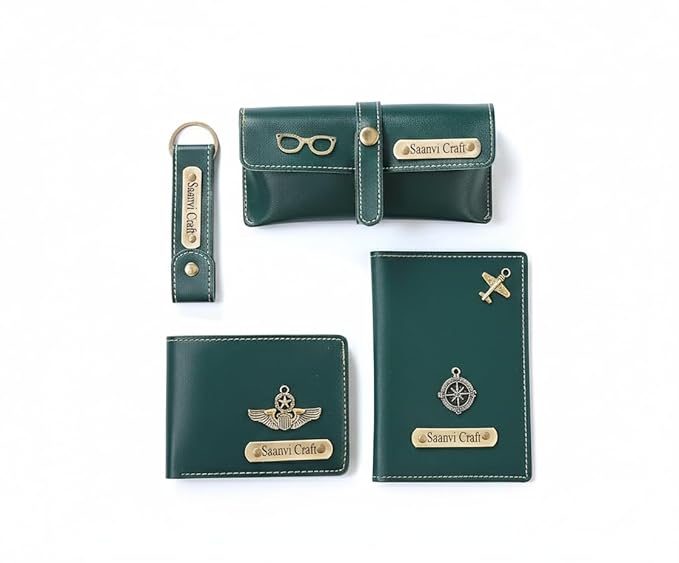 Personalized 4 in 1 Ladies Purse/Clutch, Passport Cover with Eye Wear Case, and Metal Keychain Combo - Unisex Combo Accessories, Return Gifts, Birthday Gifts (Green)
