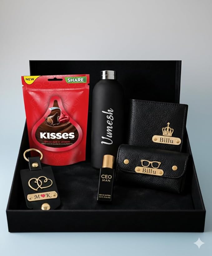 Personalized Men’s Gift Box Set with Wallet, Sunglasses Cover, Keychain, Bottle, Perfume & Chocolate