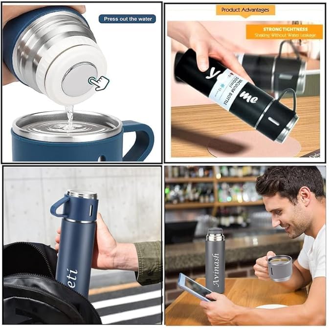 Your Name Customized Double Wall Stainless Steel Thermo 500ml Vacuum Insulated Bottle Water Gift Set with Two Cups - Corporate Gift Items, (Blue)