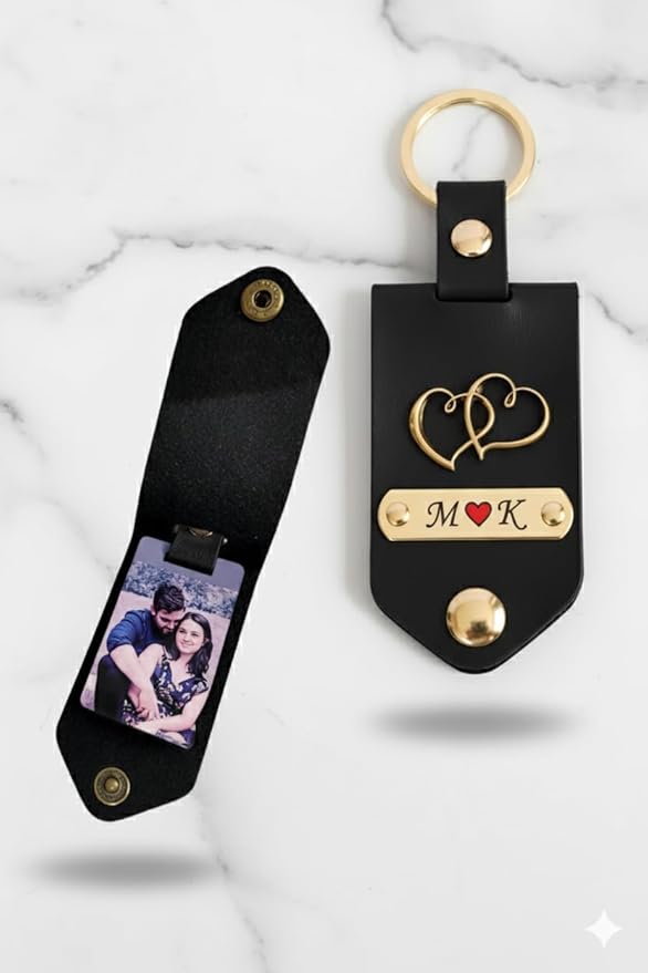 Personalized Leather Photo Keychain with Custom Name & Initials