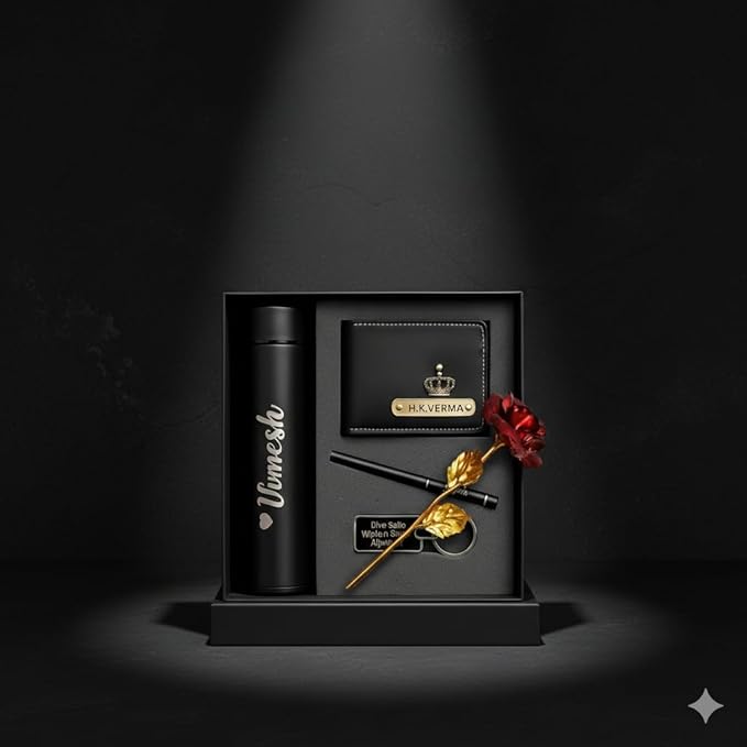 Personalized Luxury Men’s Gift Set – Customized Wallet, Name Bottle, Pen, Keychain & Artificial Rose
