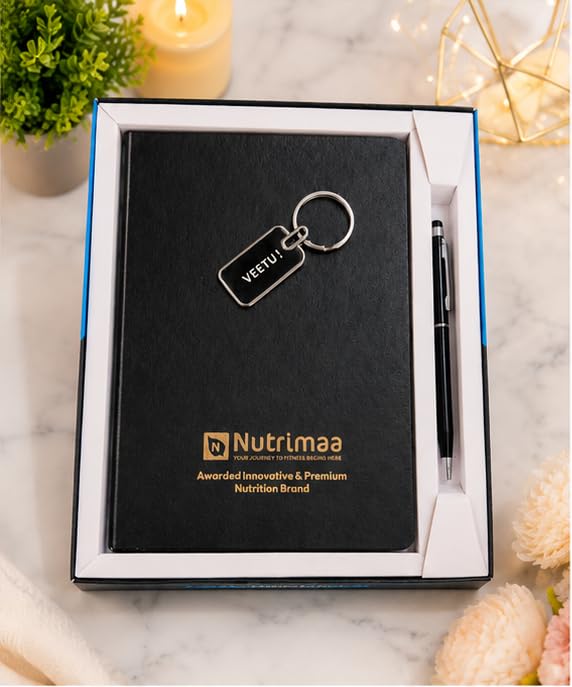 Personalized A5 Notebook Gift Set with Pen & Keychain | Custom Name & Logo Hardcover Diary for Office, Travel, Journaling & Gifting