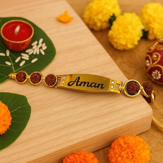 Personalized Rudraksha ID Bracelet – Golden Name Plate