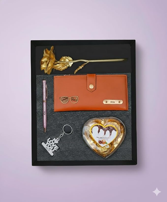 Personalized Gift for Women with Name Wallet, Golden Rose, Pen, Keychain