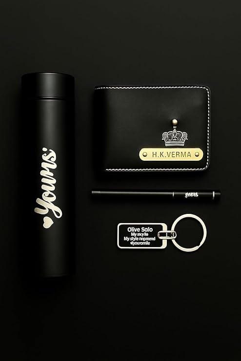 Name Customized 4 In 1 Engraved Steel Bottle With Wallet, Pen and Metal Keychain For Office - School, Personalized Gifts