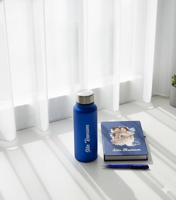 Personalized Gift Set with Custom Name & Photo – Water Bottle, Photo Printed Diary & Pen Combo