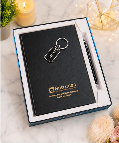 Personalized A5 Notebook Gift Set with Pen & Keychain | Custom Name & Logo Hardcover Diary for Office, Travel, Journaling & Gifting
