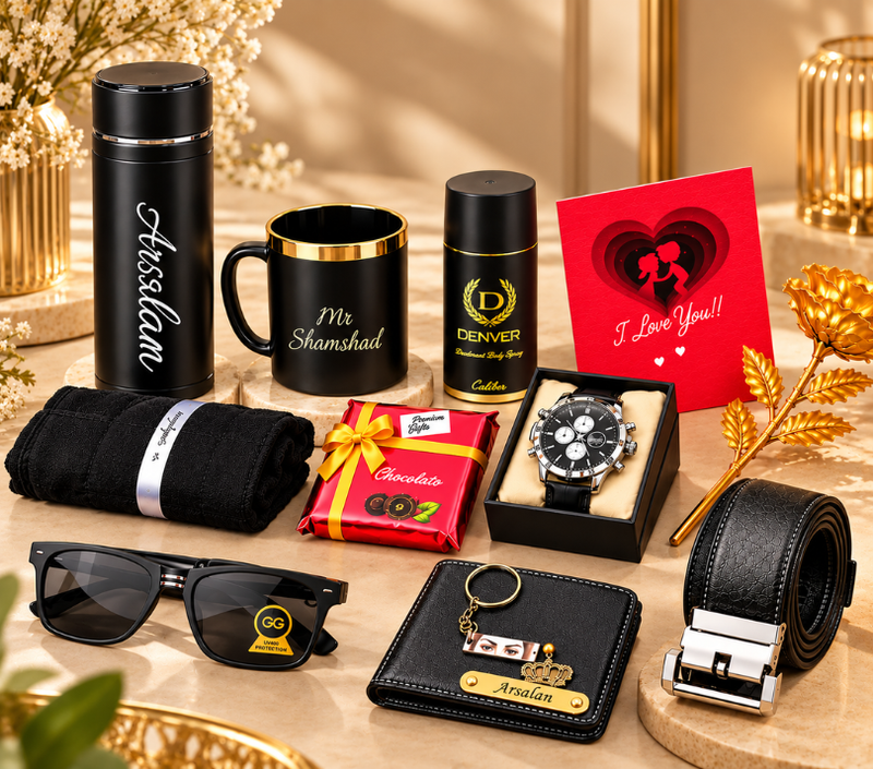 Luxury Personalized Black Birthday Gift Hamper for Men – Watch, Sunglasses, Wallet, Belt, Mug & Perfume Gift Set