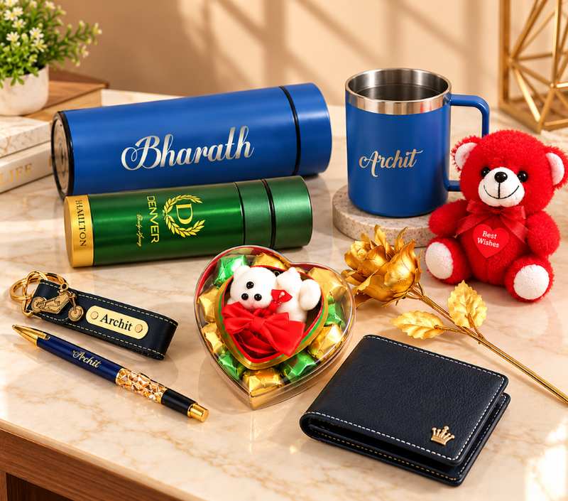 Personalized Luxury Gift Hamper with Teddy Bear, Wallet, Tumbler & Chocolates
