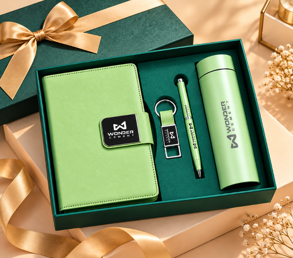 Premium Corporate Gift Set – PU Notebook, Stainless Steel Flask, Pen & Keychain | Models 3099–3102