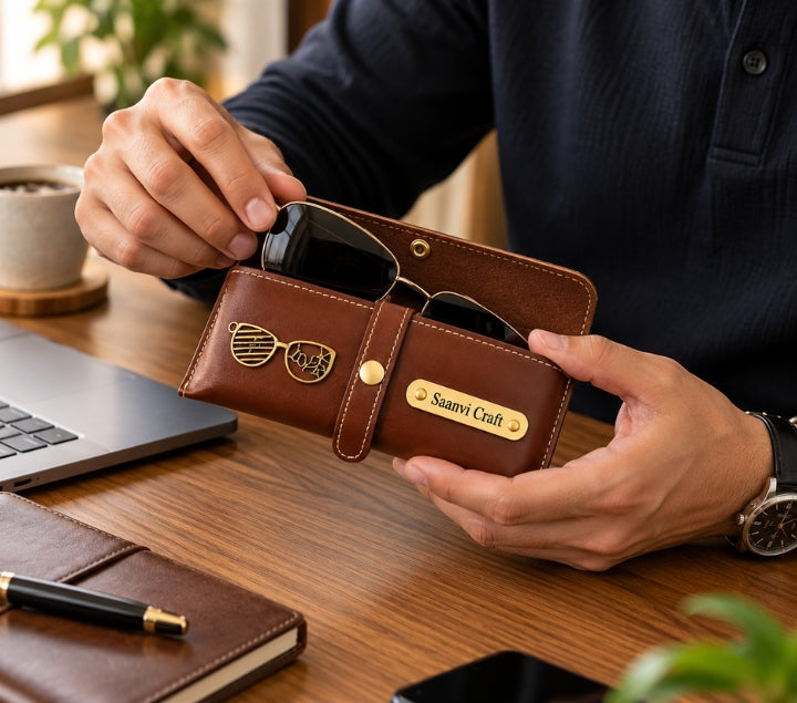 Personalized Black Gift Hamper Set – Wallet, LED Bottle, Sunglass Holder, Keychain & Passport Cover