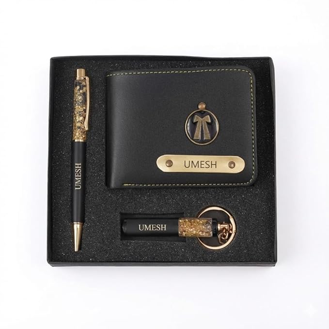 Personalized Wallet Gift Set for Men – Custom Name Leather Wallet, Pen & Keychain Combo |