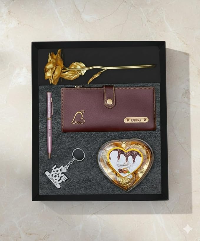 Personalized Gift for Women with Name Wallet, Golden Rose, Pen, Keychain
