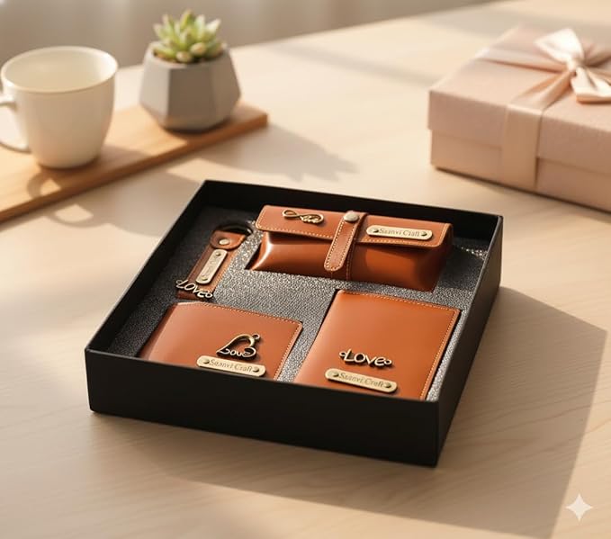 Your Name Customized Leather Unisex Passport Holder, Sunglasses Cover and Men's Wallet with Key Chain, Gifts, Personalized Gifts (Tan)